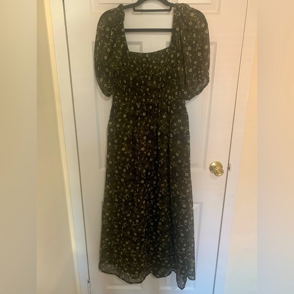 A-line Green Floral Puff Sleeve Dress
